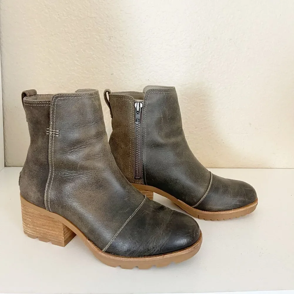 Sorel Cate Bootie Ankle Boot Leather Block Heel Major Brown. 7 - Picture 12 of 13